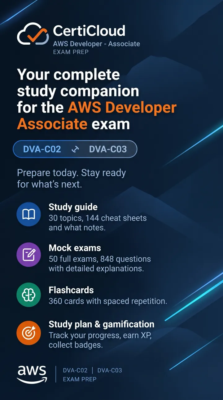 CertiCloud overview: study guide, practice exams, flashcards, and gamification for DVA-C02 and DVA-C03