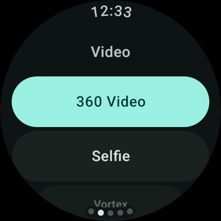 Selector de modos de la Osmo 360 en el reloj, con 360 Video, Selfie y Vortex